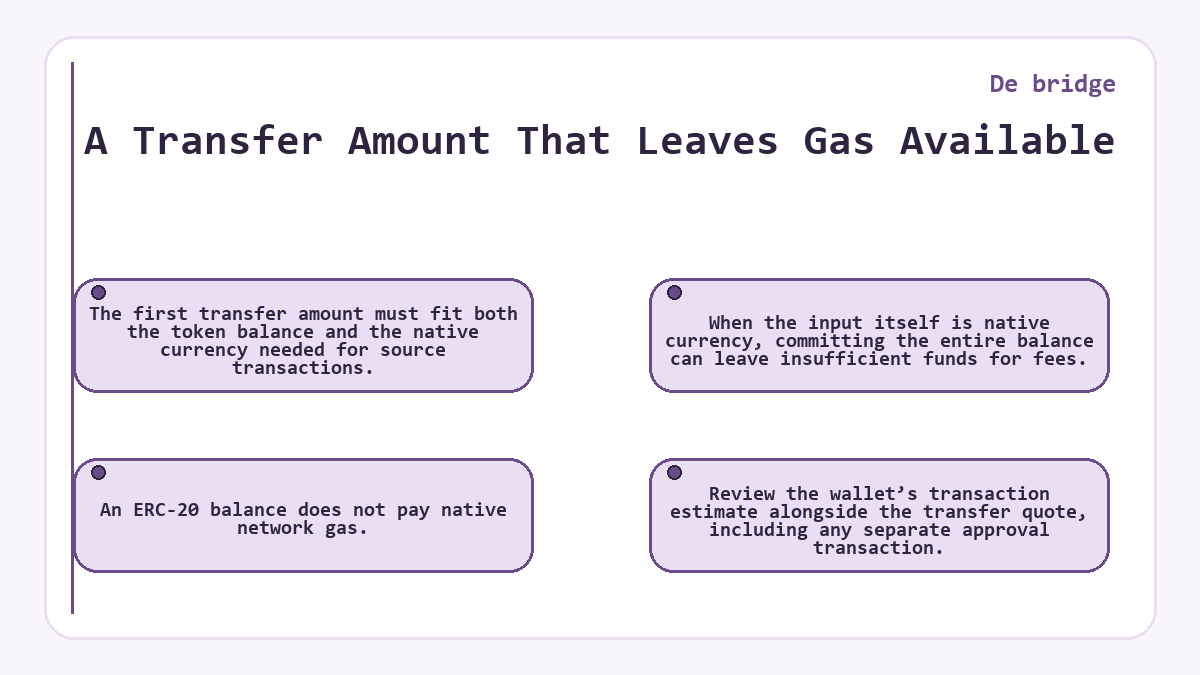 A Transfer Amount That Leaves Gas Available: The first transfer amount must fit both the token balance and the native currency needed for source transactions.; An ERC-20 balance does not pay native network gas.; When the input itself is native currency, committing the entire balance can leave insufficient funds for fees.; Review the wallet’s transaction estimate alongside the transfer quote, including any separate approval transaction.