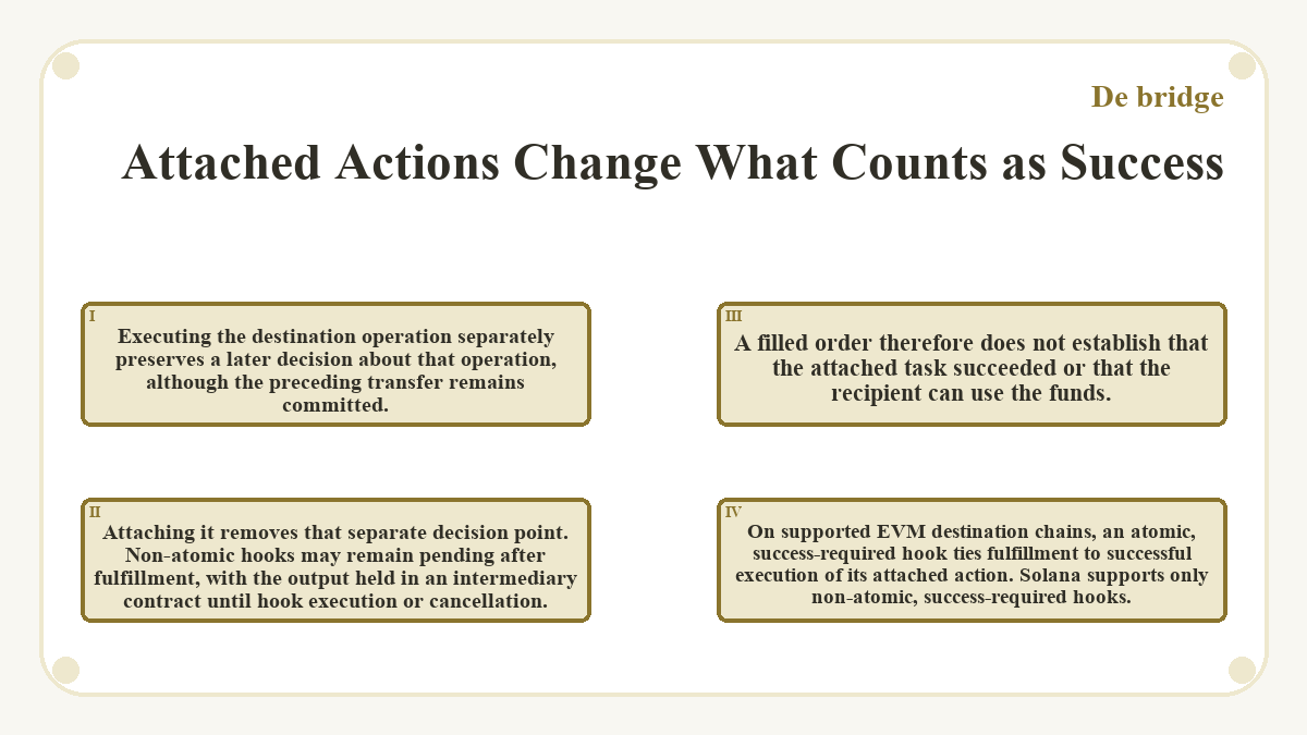 Attached Actions Change What Counts as Success: Executing the destination operation separately preserves a later decision about that operation, although the preceding transfer remains committed.; Attaching it removes that separate decision point. Non-atomic hooks may remain pending after fulfillment, with the output held in an intermediary contract until hook execution or cancellation.; A filled order therefore does not establish that the attached task succeeded or that the recipient can use the funds.; On supported EVM destination chains, an atomic, success-required hook ties fulfillment to successful execution of its attached action. Solana supports only non-atomic, success-required hooks.