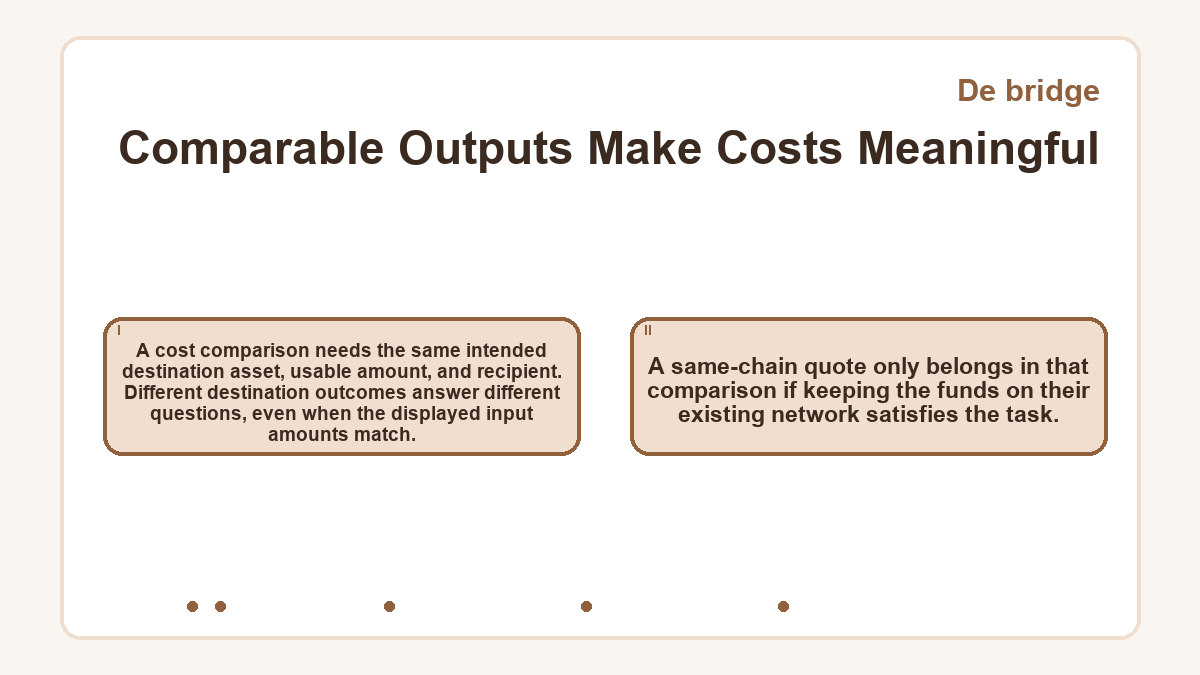 Comparable Outputs Make Costs Meaningful: A cost comparison needs the same intended destination asset, usable amount, and recipient. Different destination outcomes answer different questions, even when the displayed input amounts match.; A same-chain quote only belongs in that comparison if keeping the funds on their existing network satisfies the task.