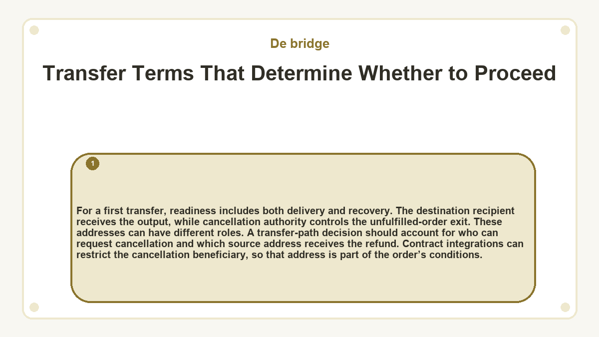 Transfer Terms That Determine Whether to Proceed: For a first transfer, readiness includes both delivery and recovery. The destination recipient receives the output, while cancellation authority controls the unfulfilled-order exit. These addresses can have different roles. A transfer-path decision should account for who can request cancellation and which source address receives the refund. Contract integrations can restrict the cancellation beneficiary, so that address is part of the order’s conditions.
